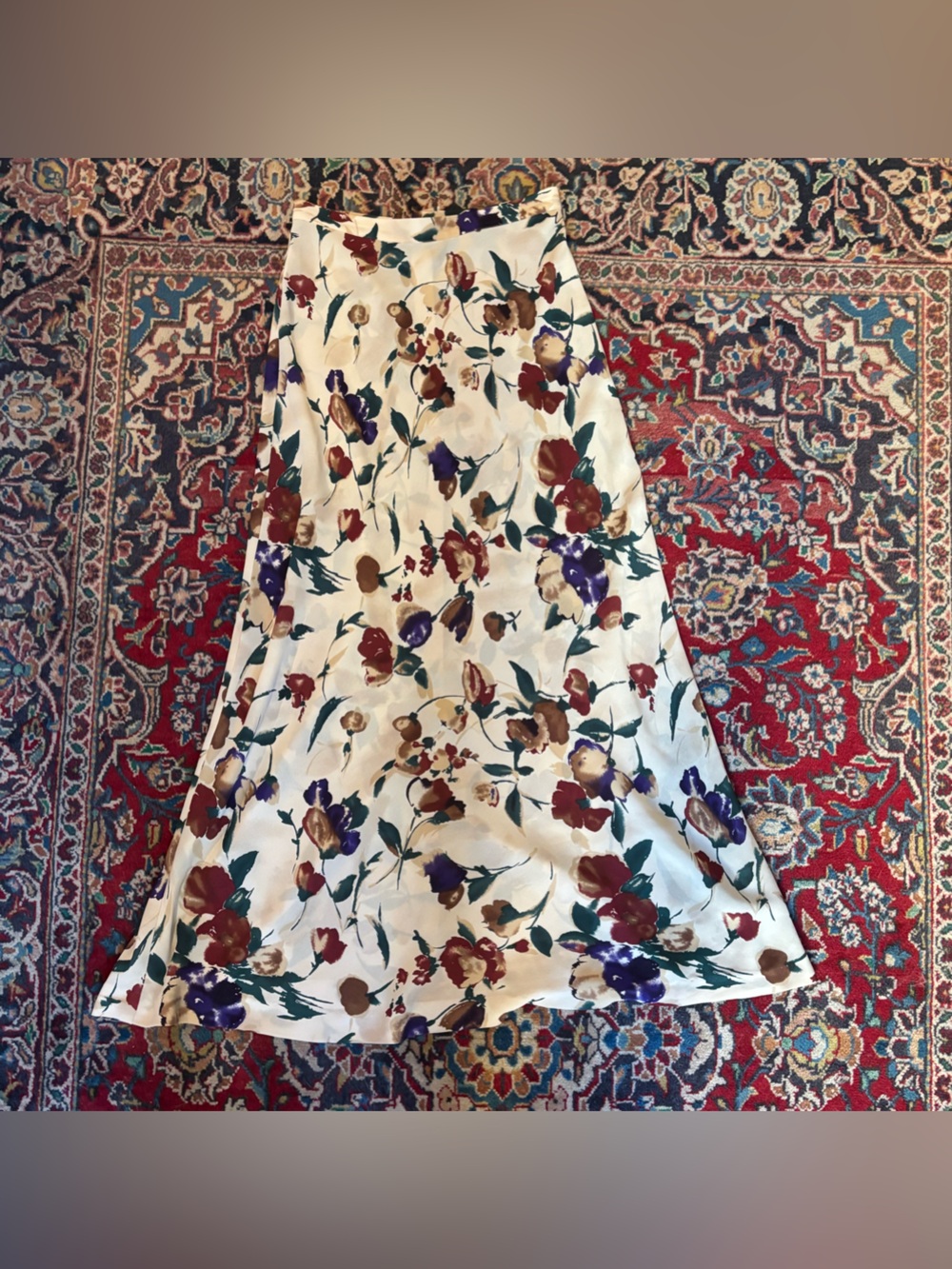 Vintage Sheer Cream Maxi Skirt with Red, Purple and Brown Floral Print